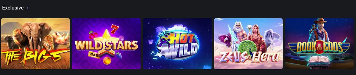 “Exclusive” games row showing slot thumbnails: The Big 5 (elephant), Wild Stars (fruit and 7s), Hot Wild (glowing logo), Zeus & Hera (mythic couple), and Book of the Gods (explorer and open book).