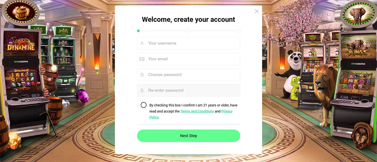 Casino sign-up pop-up (“Welcome, create your account”) over an animated casino lobby with slot machines and animal mascots (panda, lion, monkey), plus a green “Next Step” button.